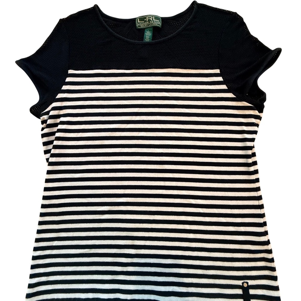 Lauren Active Ralph Lauren Striped Mesh Yoke Short Sleeve Top Black White‎ Large
